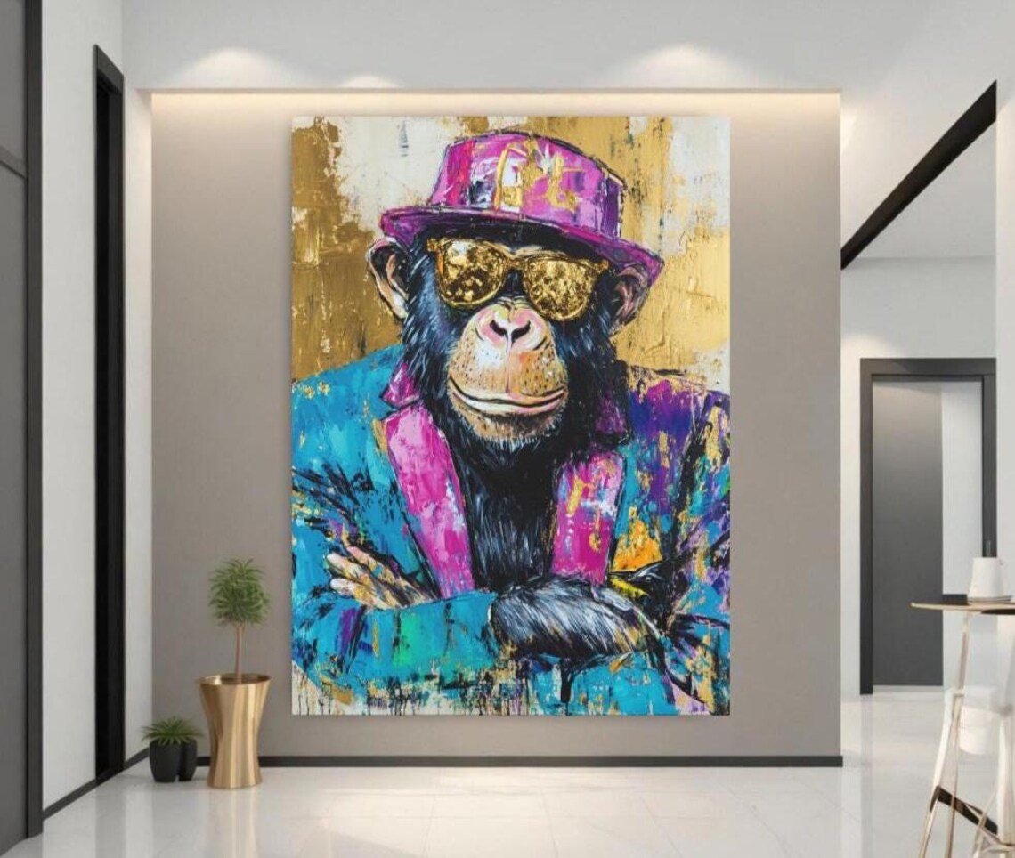 Chimpanzee in Pink Fedora and Gold Sunglasses Colorful Funny Animal Poster