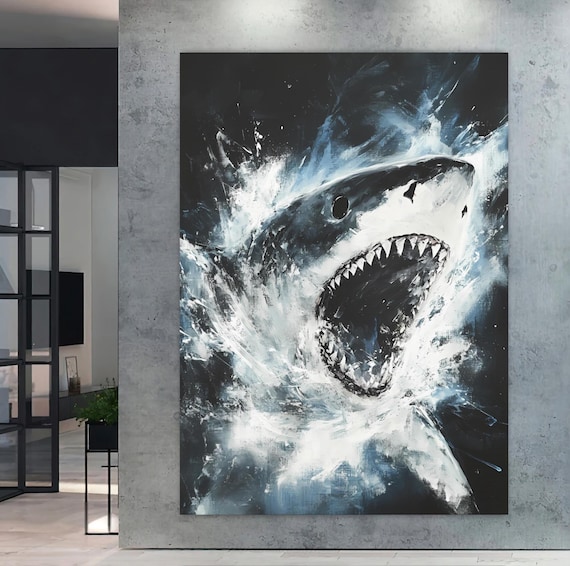 Great White Shark Breaching Dark Ocean Jaws Painterly Wall Art