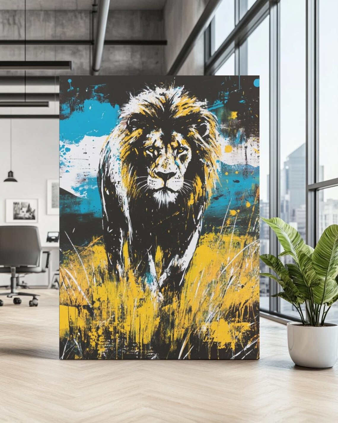 Majestic Lion Blue And Gold Abstract Savanna Painterly Wall Art