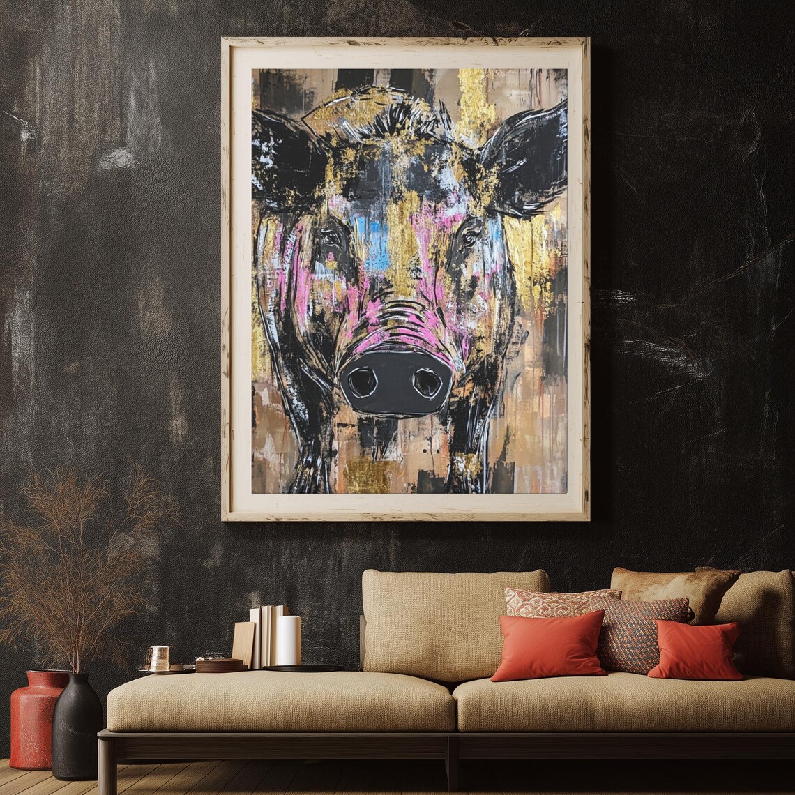 Wild Boar Abstract Portrait Pink Black Gold Modern Jungle Wall Art