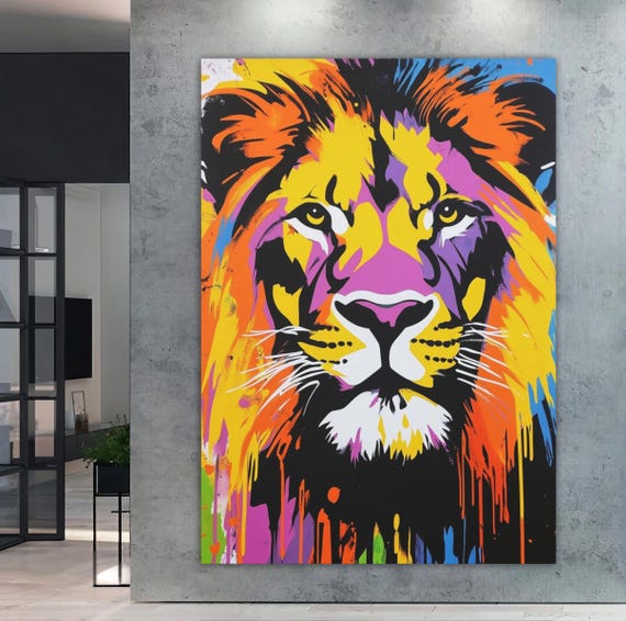 Colorful Lion Wall Art Vibrant Abstract Canvas Modern Safari Animal Painting Extra Large Wildlife Decor