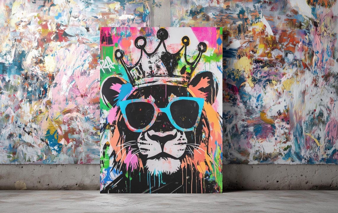 Graffiti Tiger King Crown Blue Sunglasses Neon Pop Art Poster