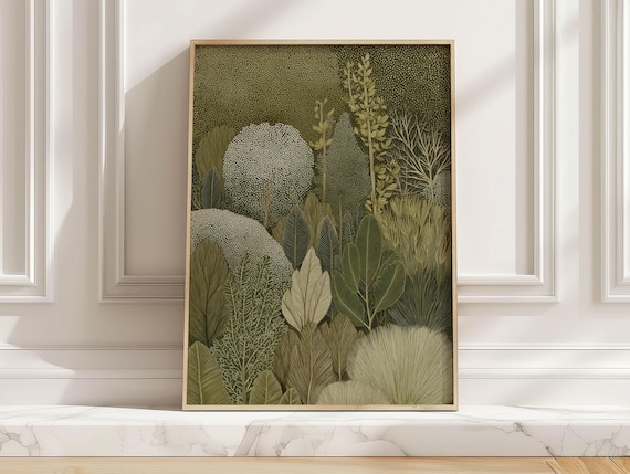 Vintage Green Forest Botanical Olive Cream Foliage Art Poster