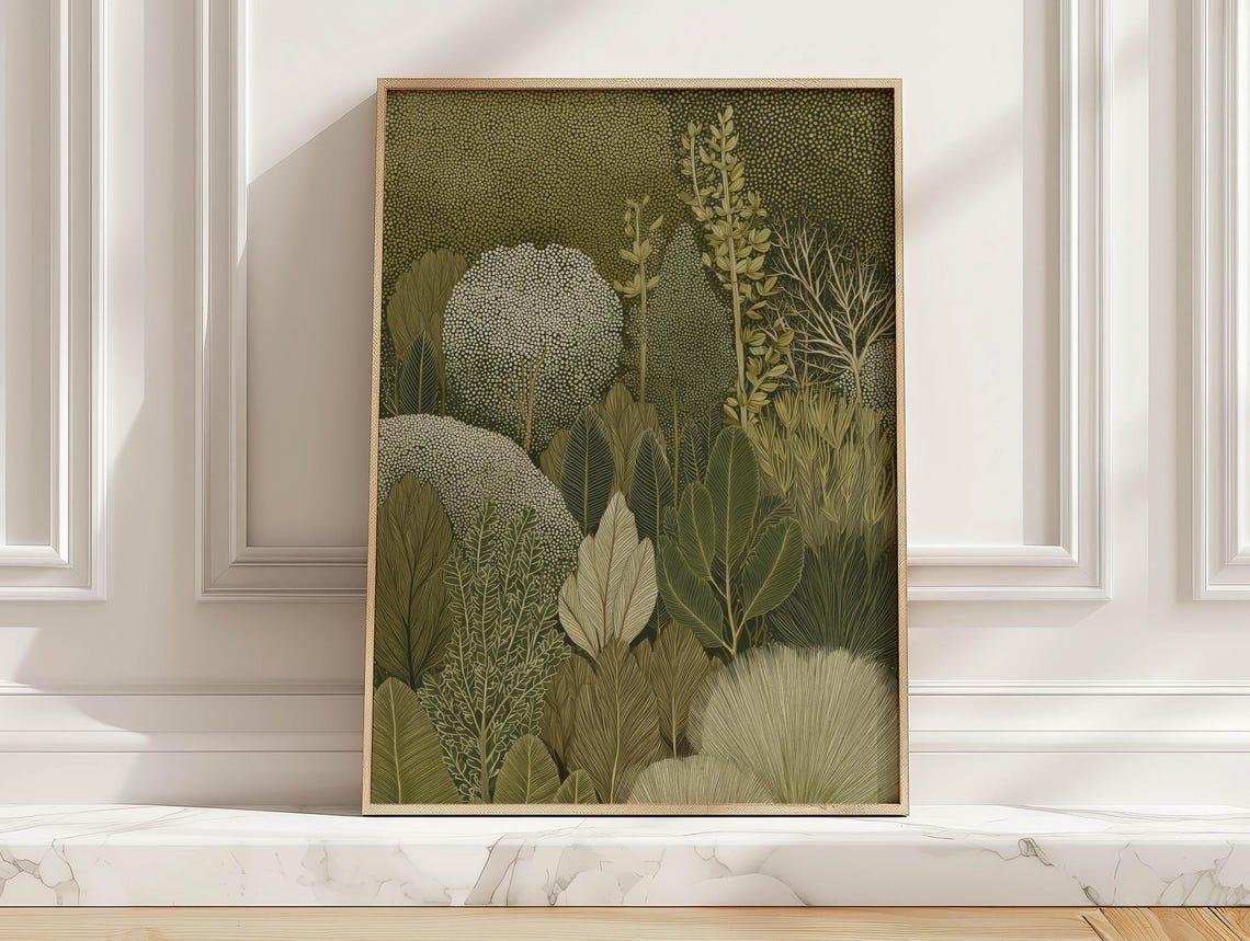 Vintage Green Forest Botanical Olive Cream Foliage Art Poster