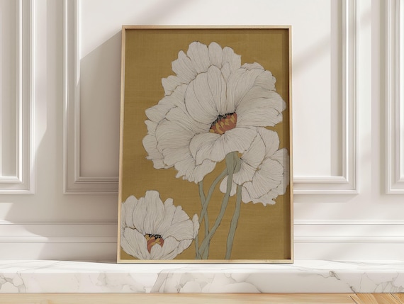 Cream Floral Blooms On Mustard Gold Vintage Botanical Style Poster