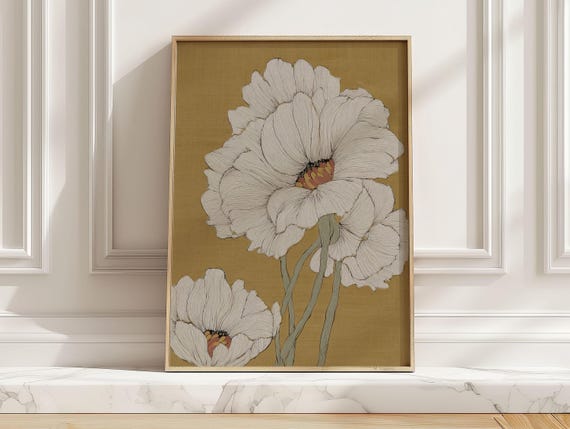 Cream Flowers On Mustard Background Art Print Vintage Botanical Poster For Living Room Wall Decor Neutral Floral