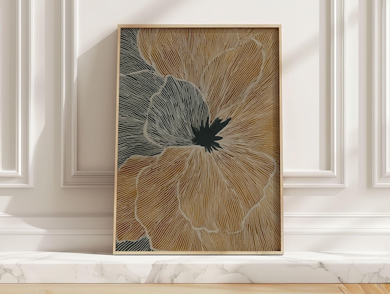 Abstract Botanical Line Art Print Minimalist Mustard Yellow Flower Illustration Poster Midcentury Modern Floral Wall Decor