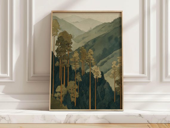 Japanese Woodblock Style Forest Art Print Tall Pines On Misty Mountain Landscape Poster Vintage Minimalist Nature Wall