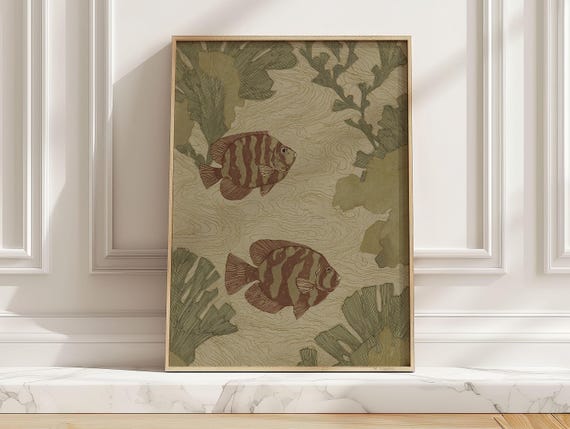 Minimalist Tropical Fish Poster Vintage Japanese Inspired Underwater Print In Neutral Tones Coastal Kitchen Art For Beach House