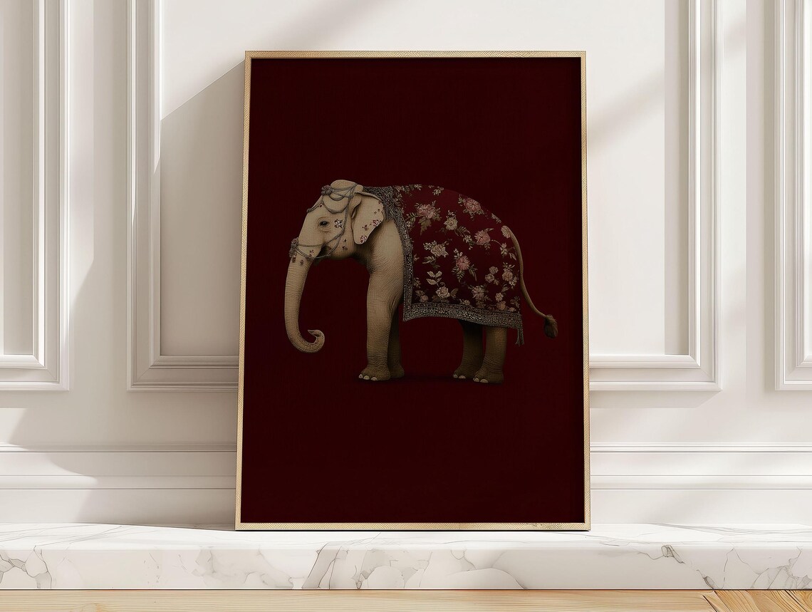 Elephant Floral Robe Poster Burgundy Elegant Animal Portrait Room Decor