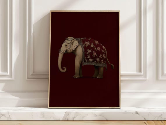 Vintage Burgundy Elephant Art Print Wearing Floral Robe Poster Deep Red Living Room Entryway