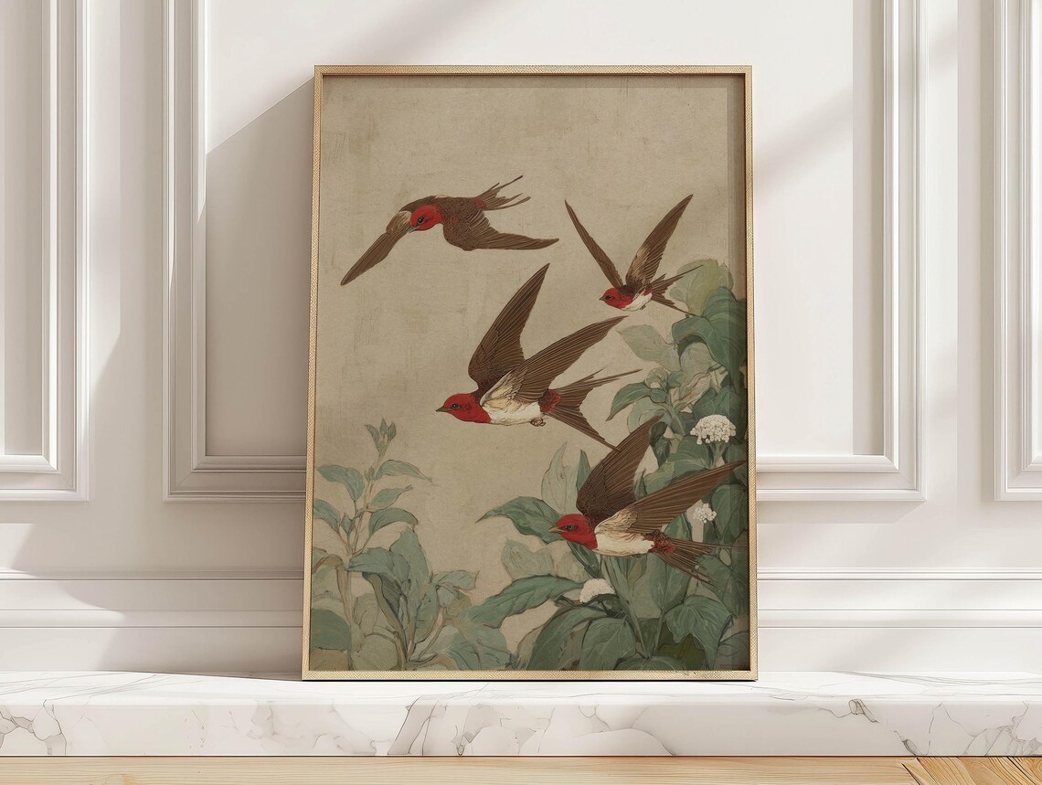 Red Swallows Green Leaves Poster Vintage Bird Flight Nature Room Art