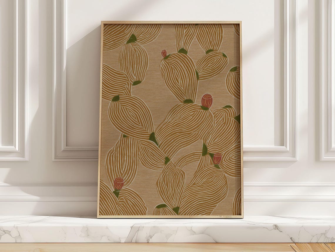 Minimalist Cactus Line Art Print Modern Abstract Prickly Pear Poster Neutral Western Kitchen Wall