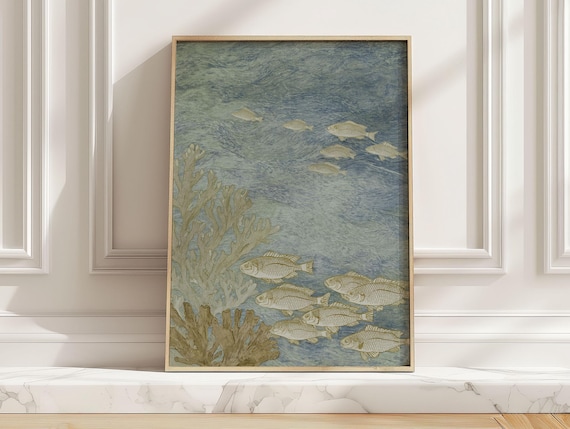 Abstract Blue Ocean Fish Art Print Japanese School Of Poster Coastal Sea Life Bathroom Wall