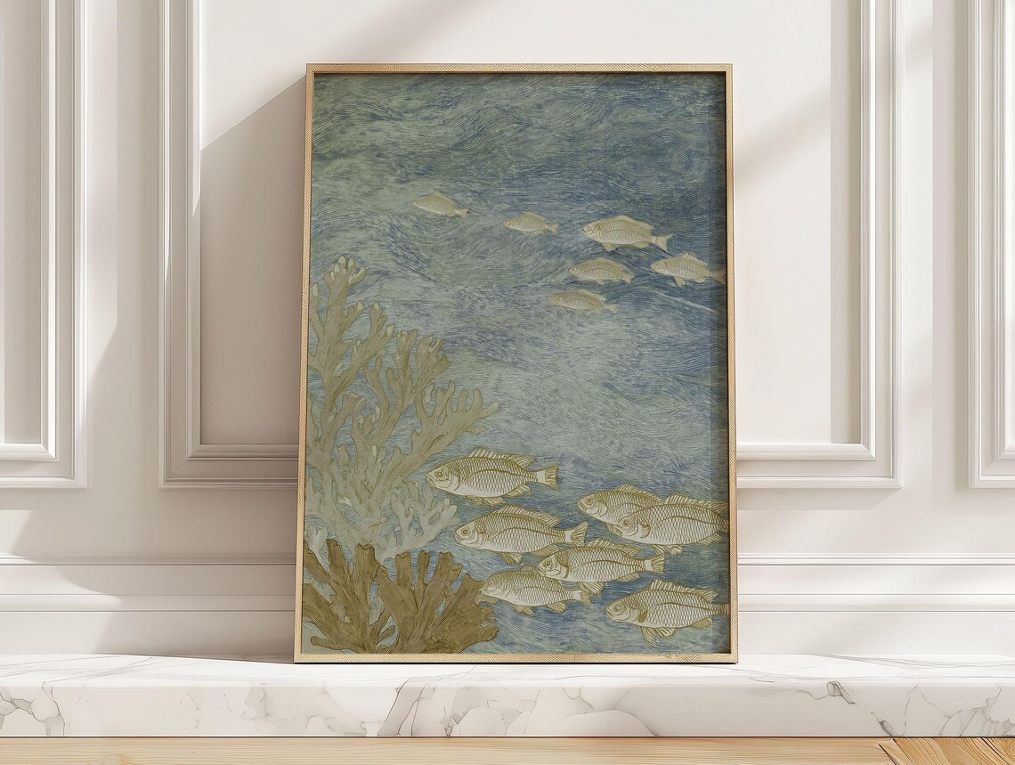 Blue Ocean Fish School Abstract Japanese Watercolor Marine Art Poster