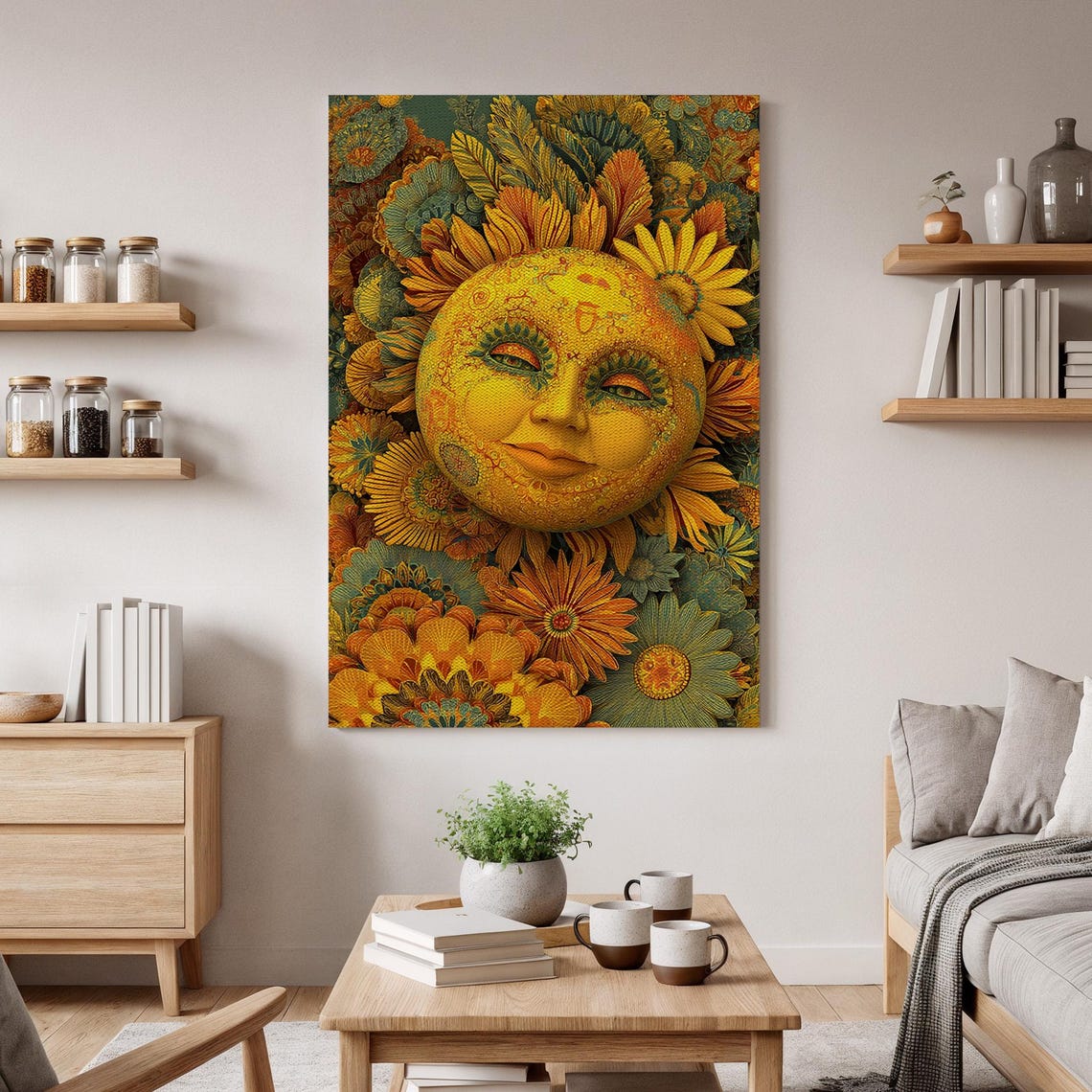 Psychedelic Sun Face Golden Botanical Flower Art Design Poster