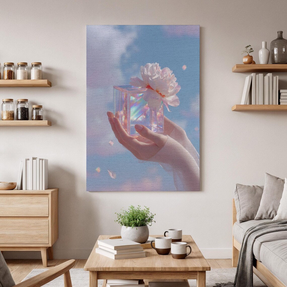Hand Holding Crystal Prism, Surreal Sky Art Print