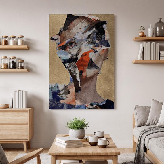 Fragmented Face Abstract Portrait Navy Orange Modern Art Poster