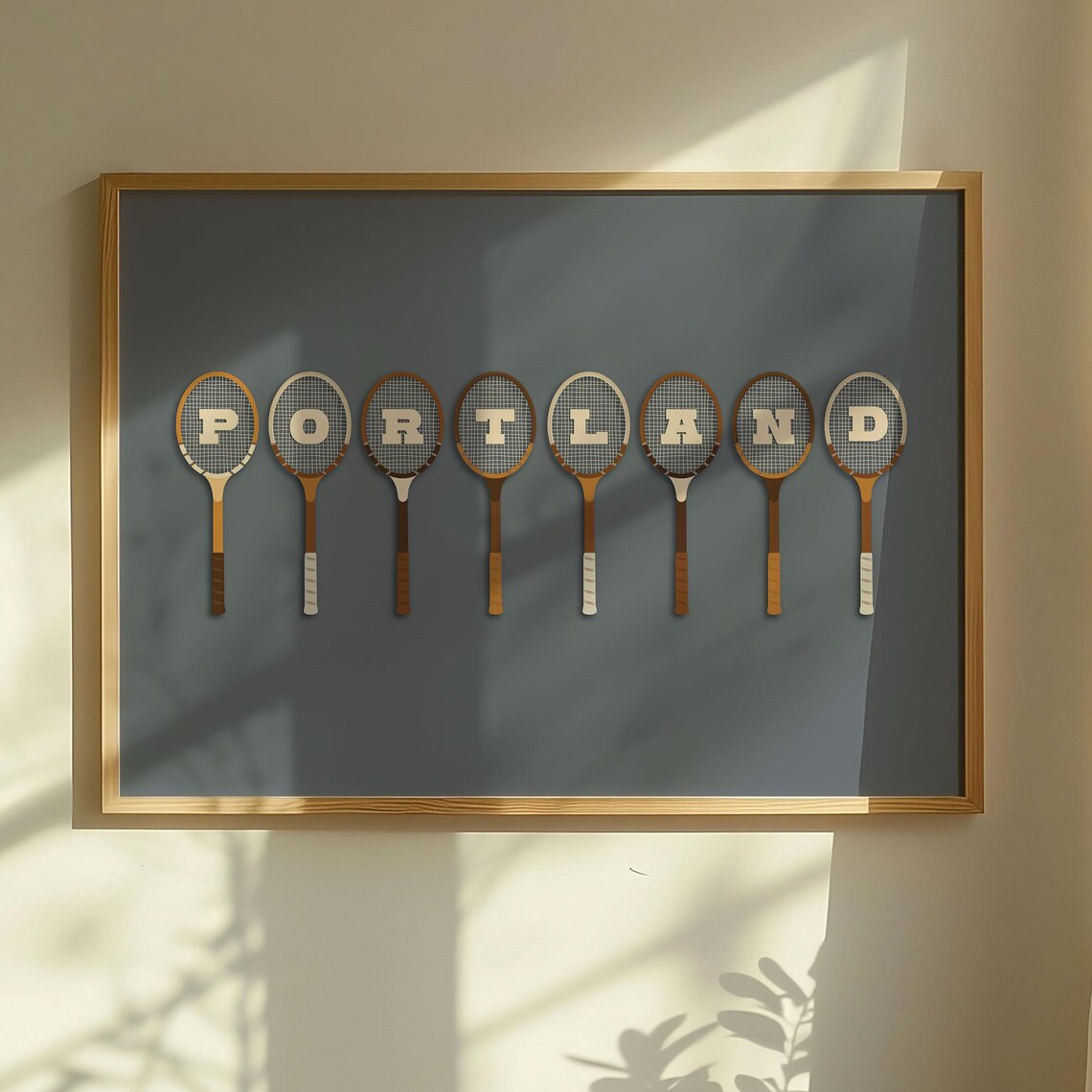Portland Vintage Tennis Racket Typography Retro Sports Wall Art
