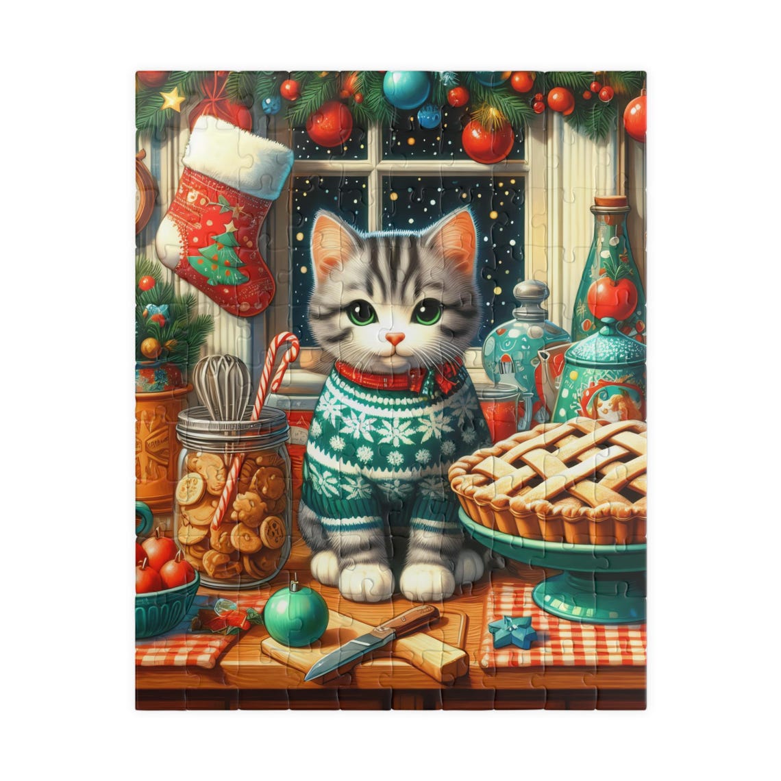 Cute Kitten Christmas Sweater Cozy Kitchen Jigsaw Puzzle Poster
