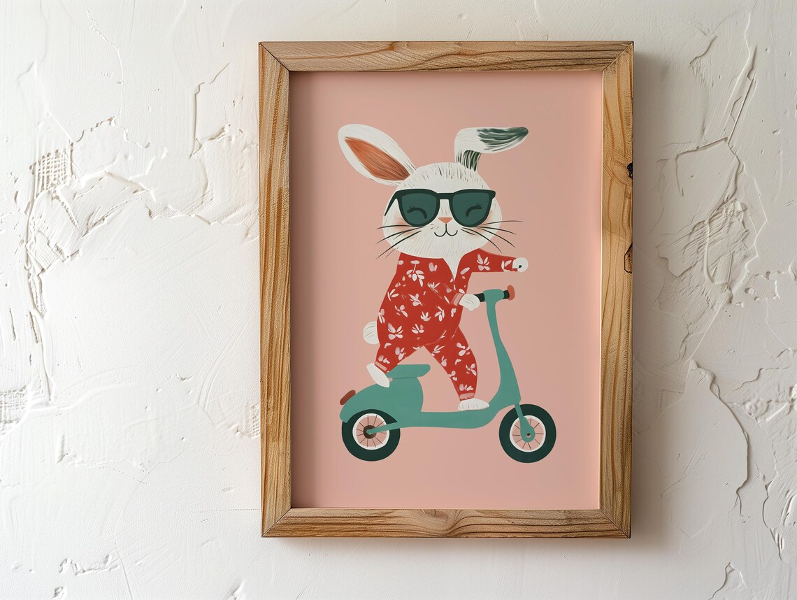 Stylish Bunny with Sunglasses Riding a Teal Scooter Nursery Poster Art - Image 3