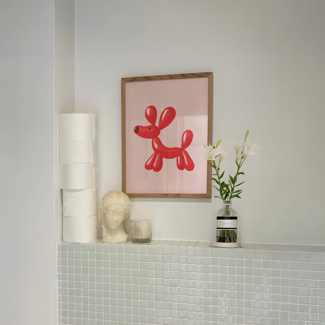 Red Balloon Dog Standing on Pink Background Cute Kids Room Poster Art - Image 2