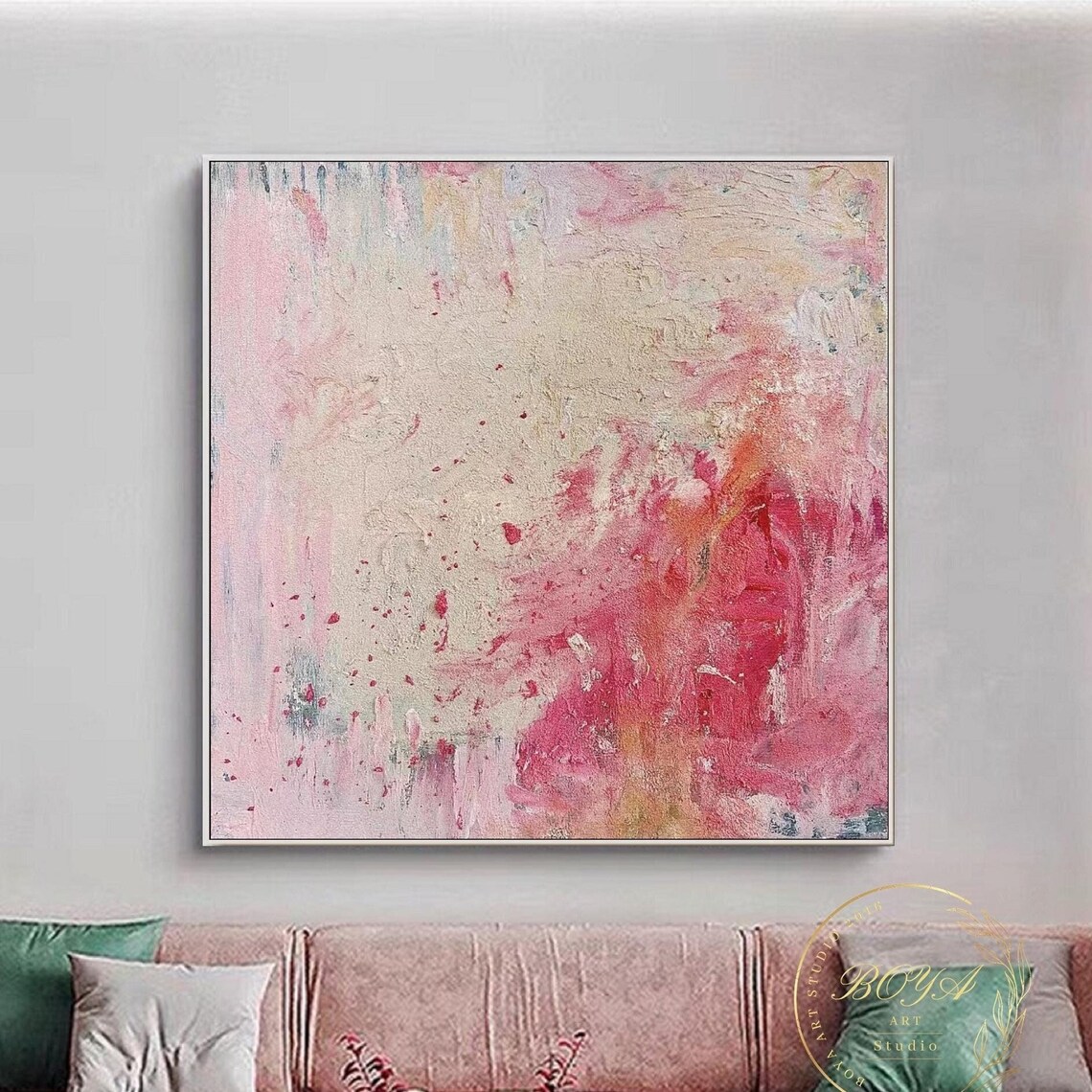 Pink Abstract Texture Painting, Modern Beige Art Print