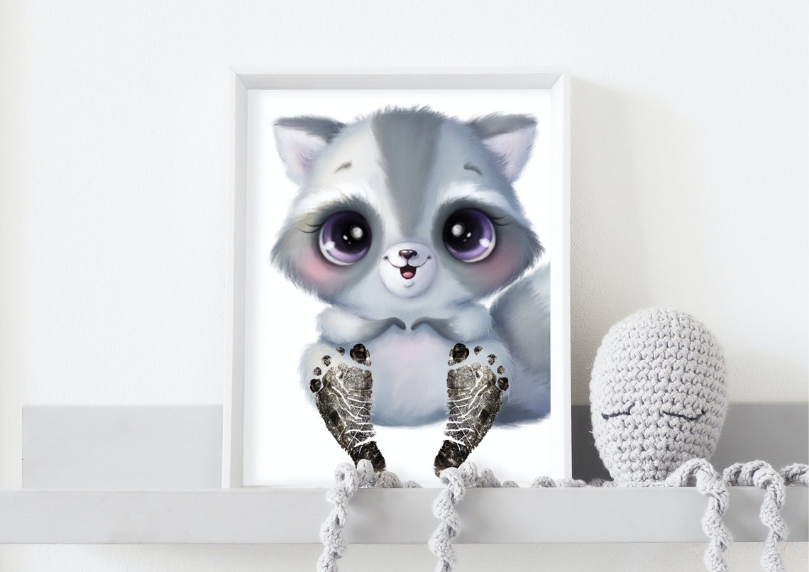 Cute Raccoon With Baby Footprint Belly Nursery Keepsake Poster - Image 2