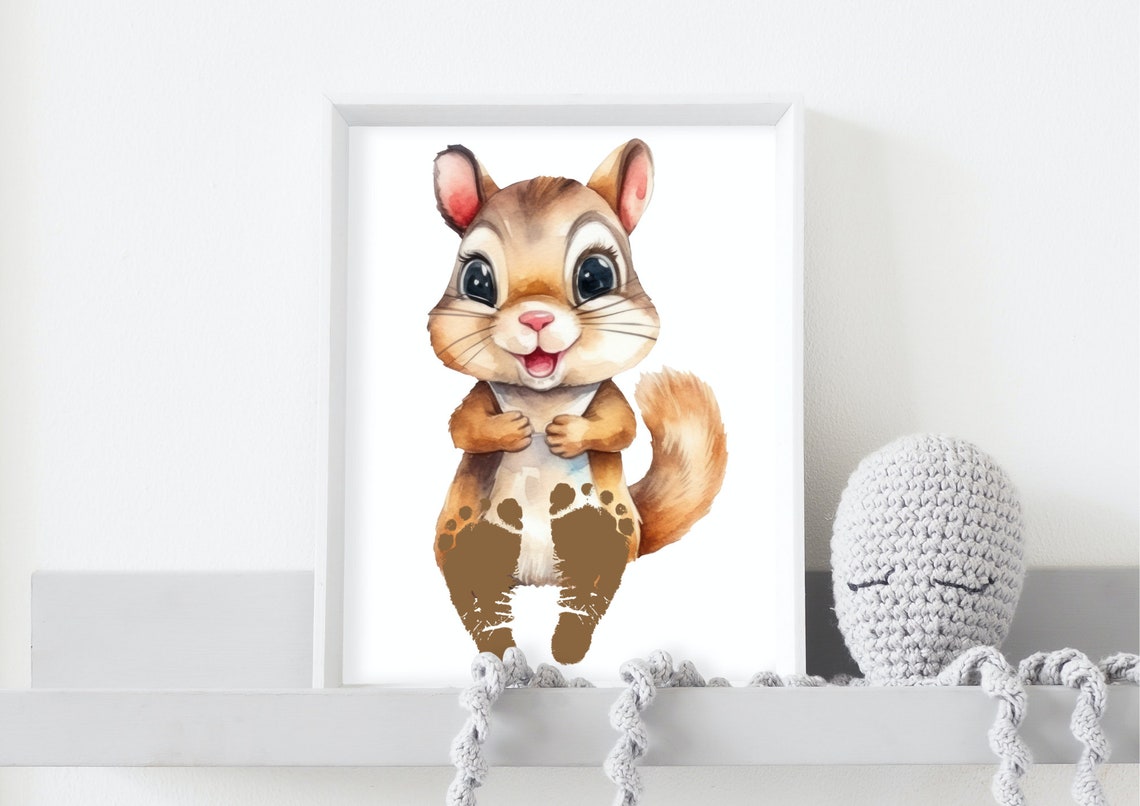 Happy Watercolor Squirrel Baby Footprint Nursery Keepsake Poster - Image 2