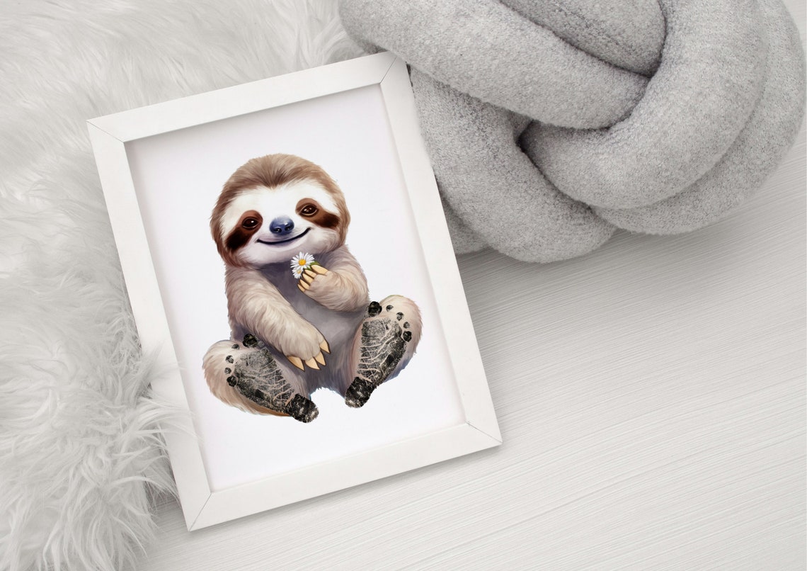 Sweet Smiling Sloth Holding Daisy Baby Footprint Keepsake Poster - Image 3