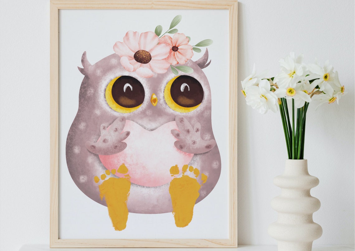 Cute Owl With Flower Crown Yellow Footprint Baby Keepsake Poster - Image 4
