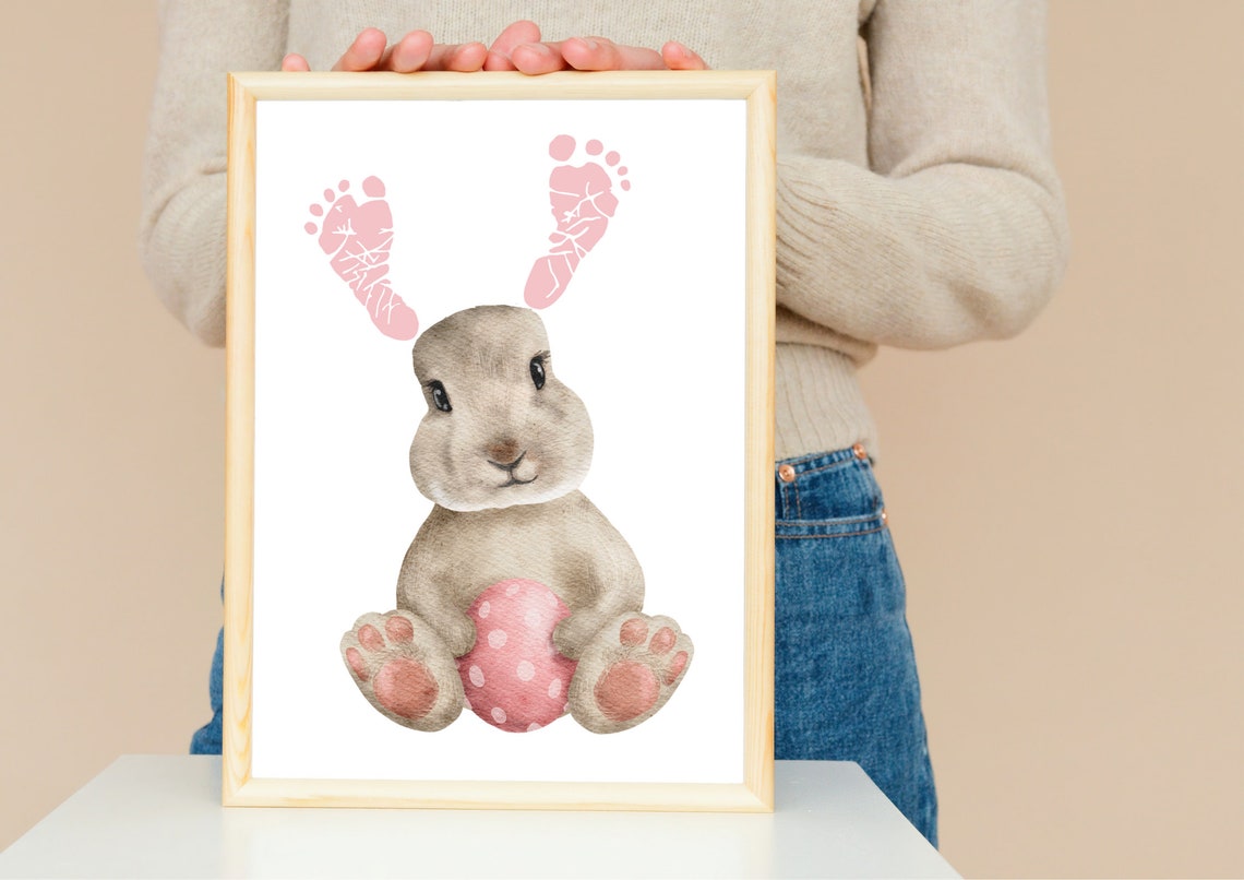 Watercolor Easter Bunny Pink Footprint Ears Egg Nursery Art Poster - Image 4
