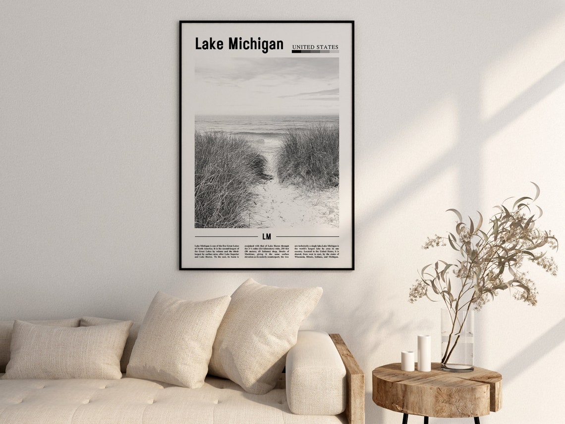 Lake Michigan Poster Black And White Lake Michigan Print Black And White Lake Michigan Wall Art Minimal Travel Print Travel Poster - Image 2