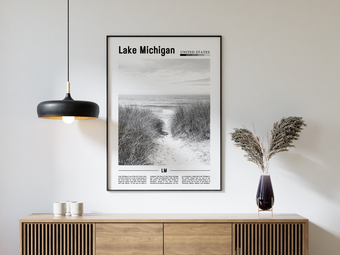 Lake Michigan Poster Black And White Lake Michigan Print Black And White Lake Michigan Wall Art Minimal Travel Print Travel Poster - Image 4