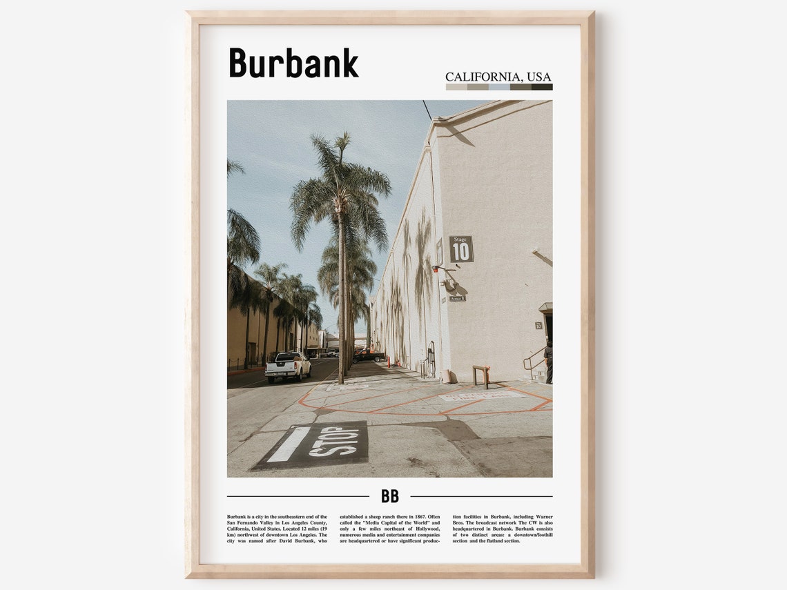 Burbank Print Burbank Poster Burbank Wall Art Minimal Travel Print Minimal City Poster Travel Destination City Print Oil Painting Poster
