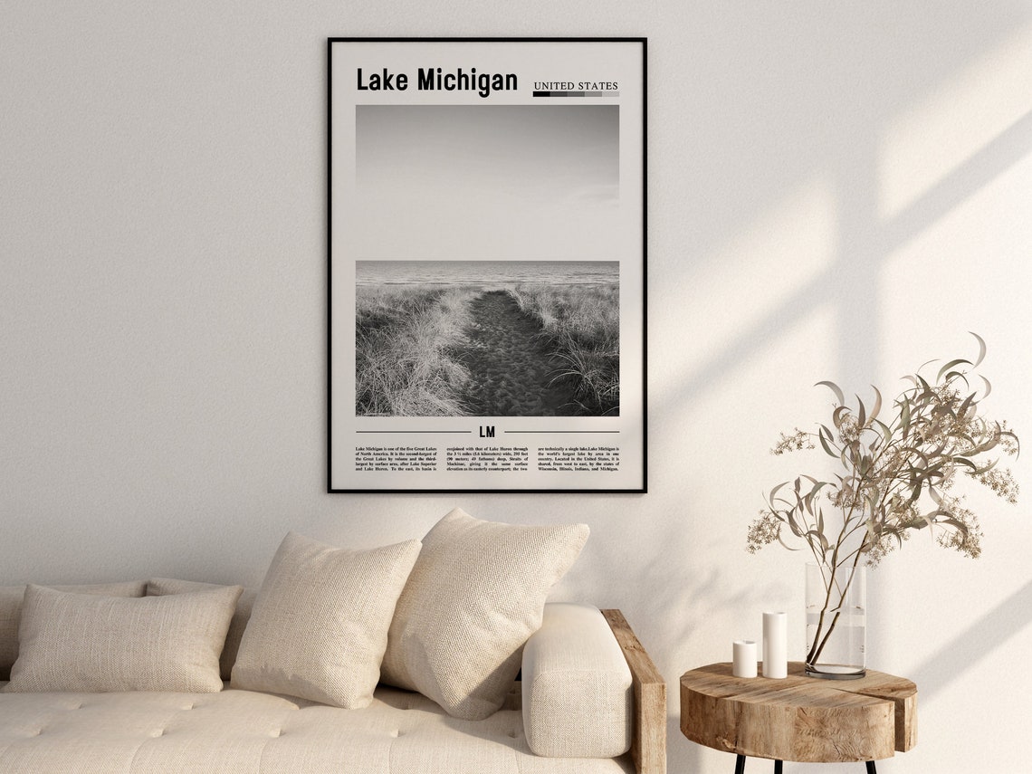 Lake Michigan Poster Black And White Lake Michigan Print Black And White Lake Michigan Wall Art Minimal Travel Print Travel Poster - Image 2