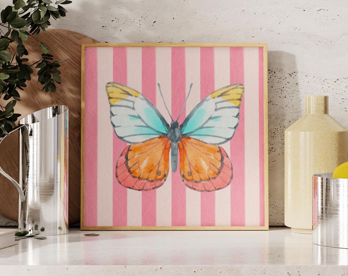 Pink Striped Watercolor Butterfly Art Print, Nursery Decor