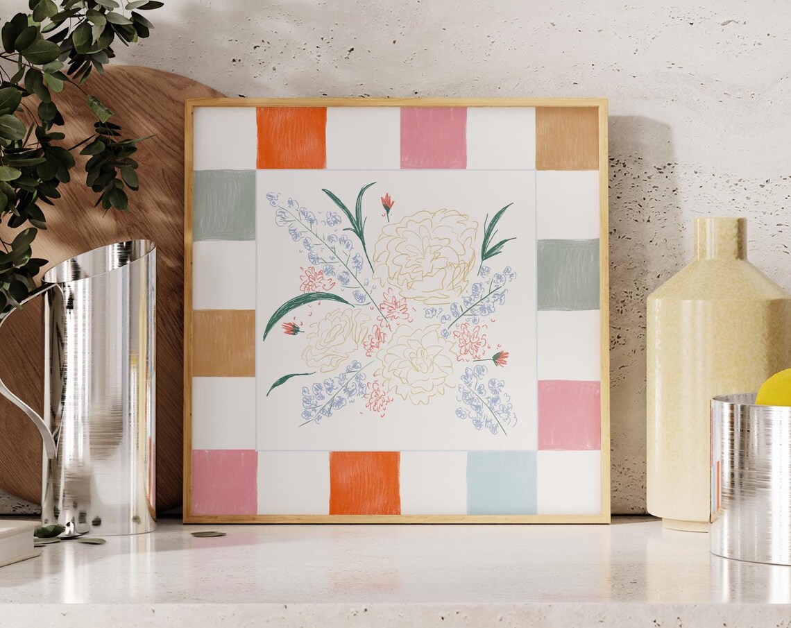 Checkered Watercolor Floral Print, Trendy Botanical Decor
