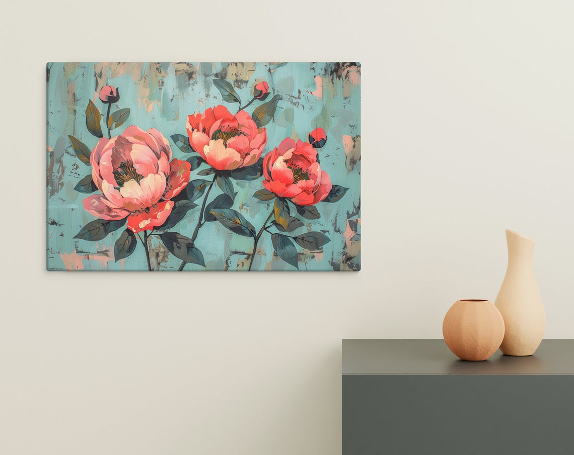 Coral Peony Blossoms Teal Background Modern Floral Wall Art Poster