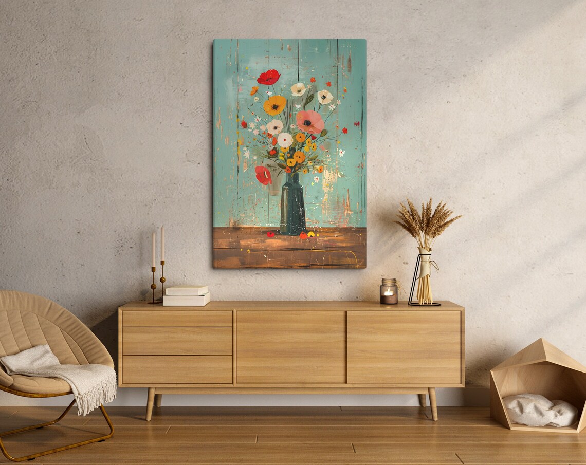Rustic Flower Bouquet Vase Teal Still Life Country Farmhouse Poster