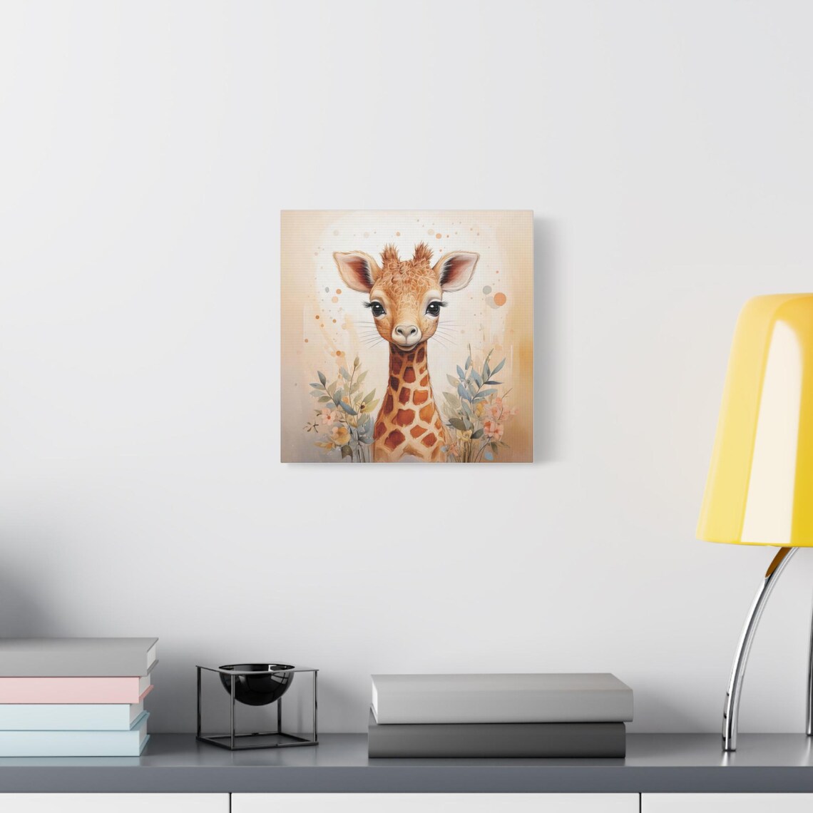 Baby Giraffe Pastel Watercolor Nursery Portrait with Soft Florals Poster - Image 2