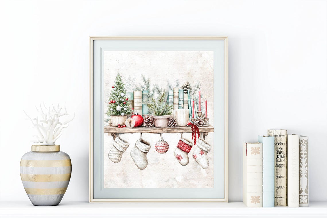 Christmas Bookshelf Stockings Holiday Library Cozy Winter Poster - Image 3