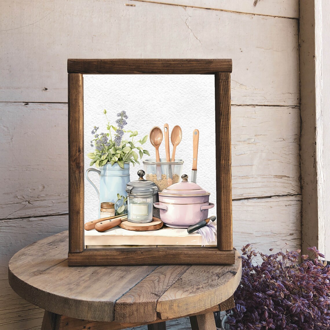 Watercolor Kitchen Still Life Enamelware Pitcher Utensils Home Poster - Image 6