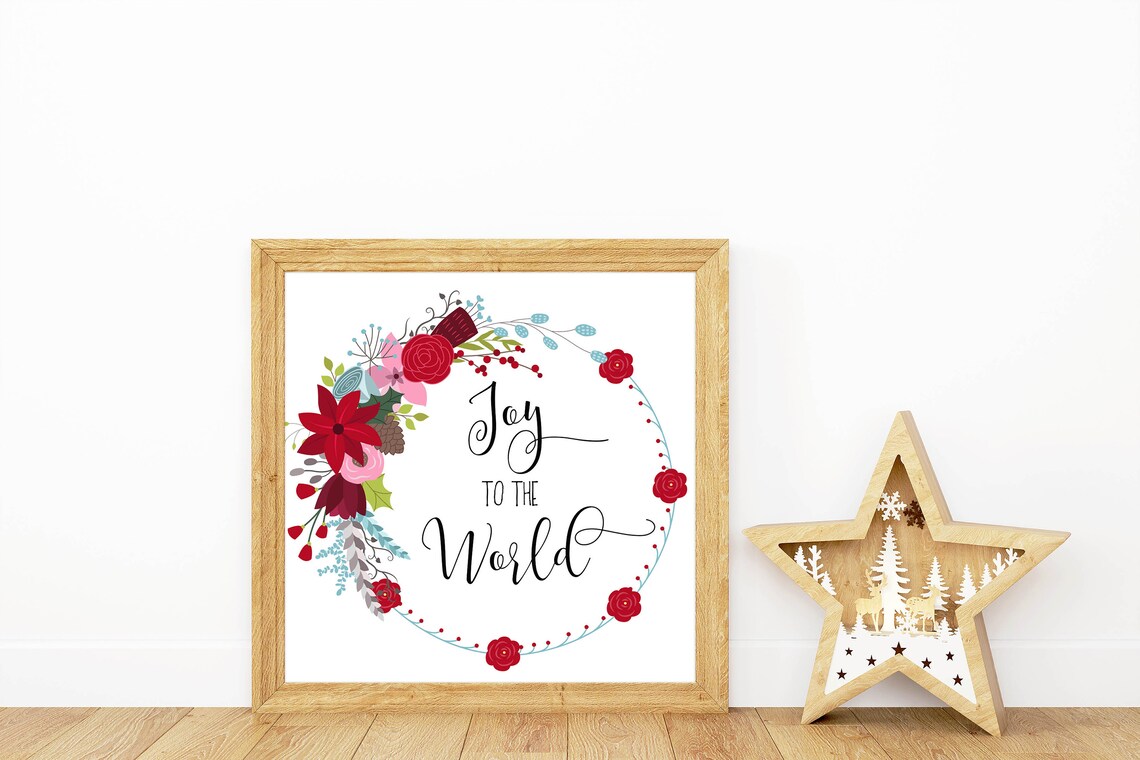 Joy to the World Red Poinsettia Floral Wreath Christmas Poster - Image 2