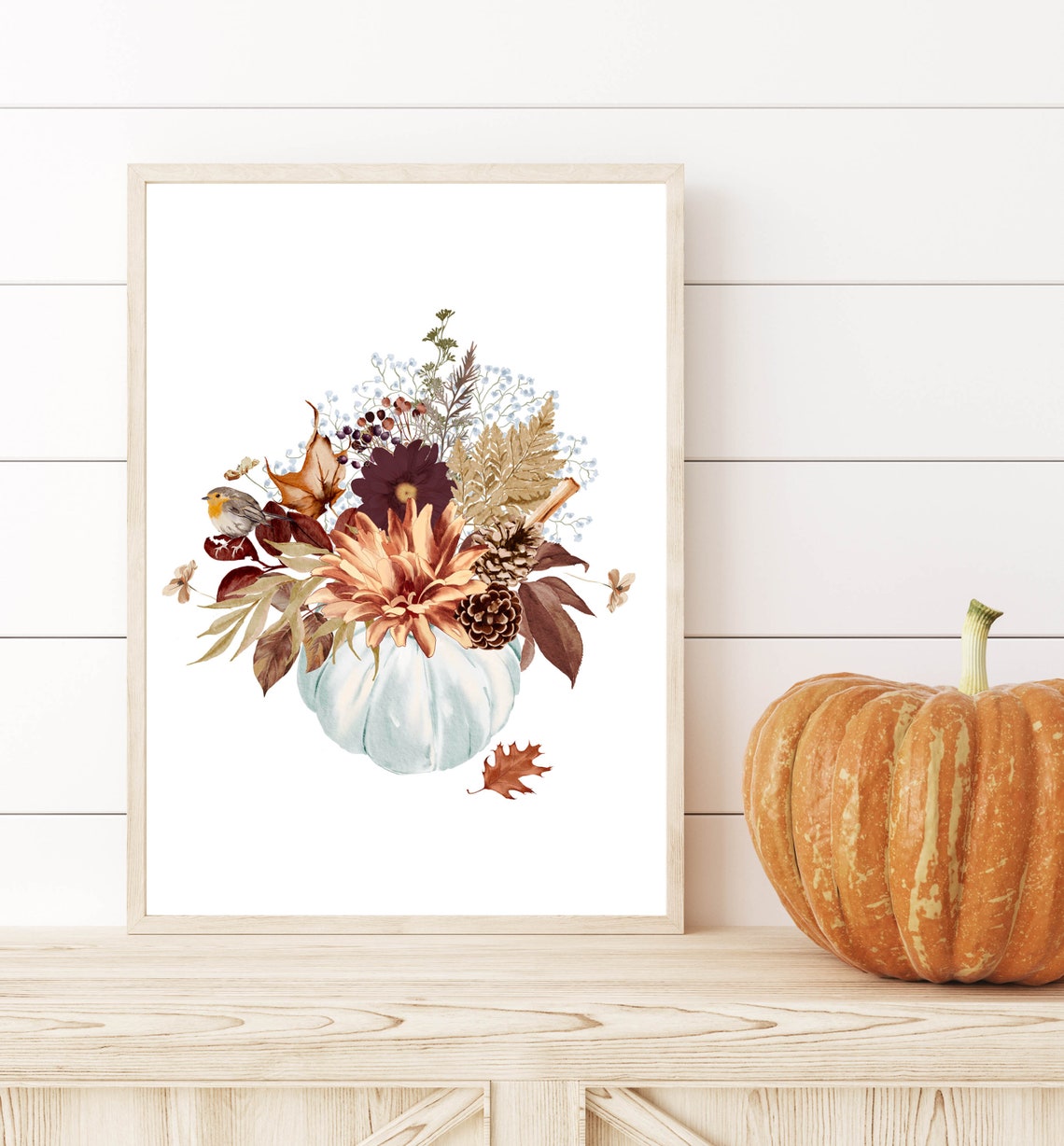 Pumpkin Bouquet Fall Florals Bird Watercolor Harvest Art Print