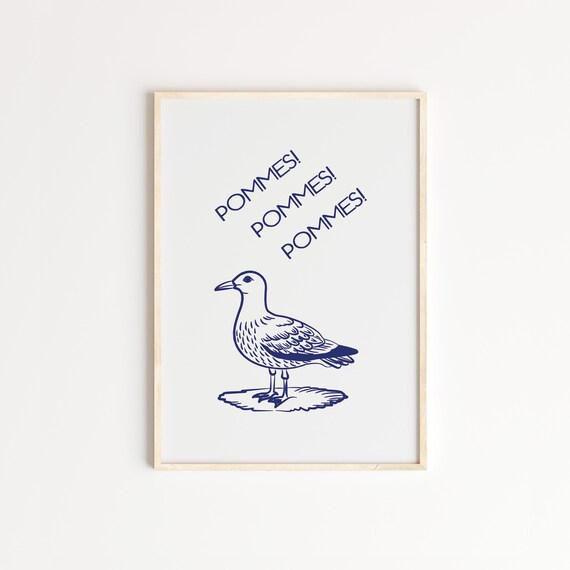 Pommes Seagull French Fry Line Art Funny Coastal Kitchen Poster