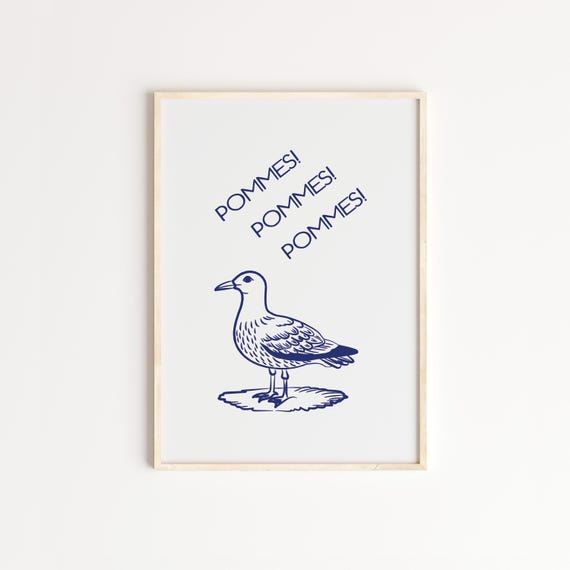 Pommes Seagull Poster Blue Line Art Wall Print Funny Minimalist Kitchen Or Coastal Decor
