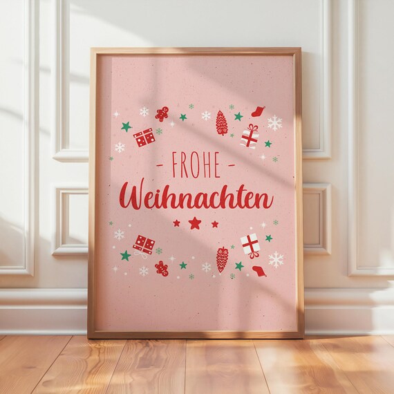 Frohe Weihnachten Pink Christmas Wreath German Holiday Decor Poster