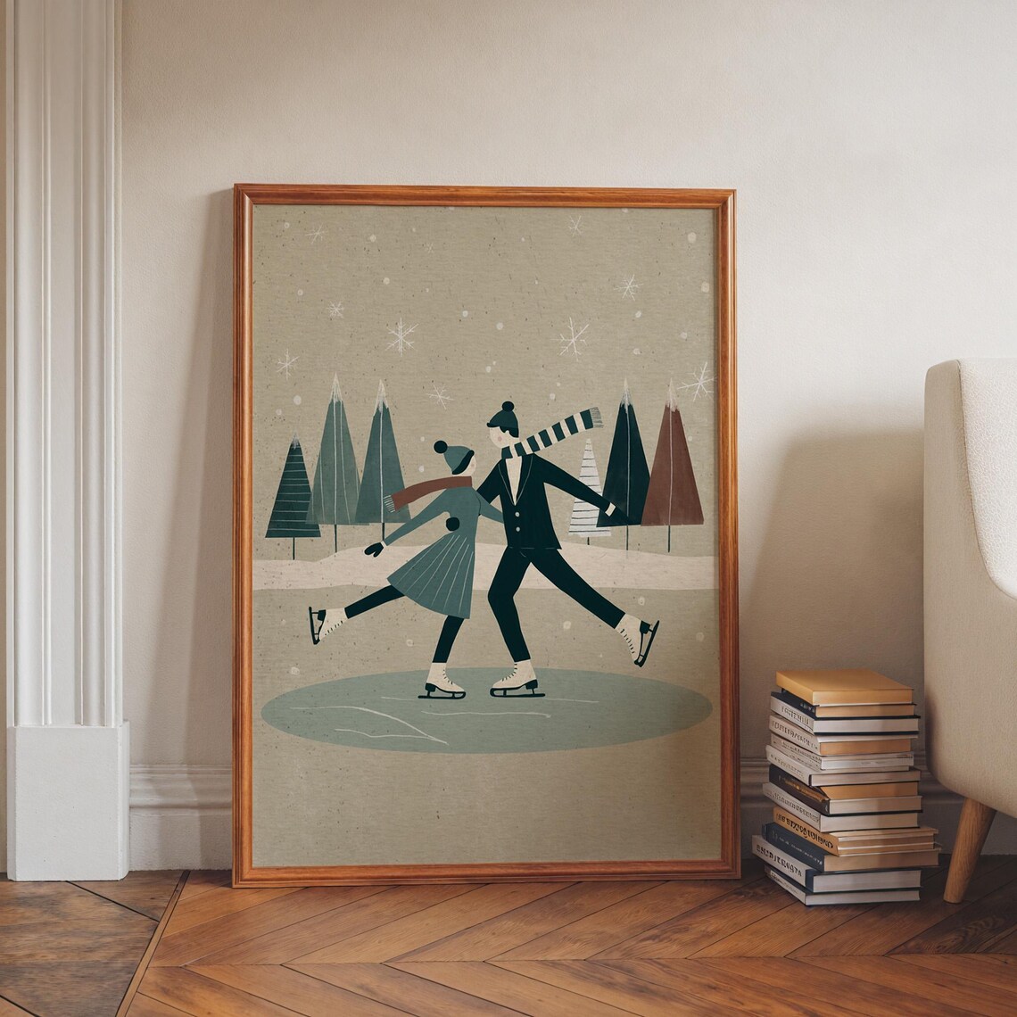 Winter Ice Skating Poster, Vintage Mid-Century Couple