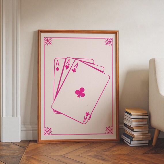 Hot Pink Aces Fanned Playing Cards Modern Pop Line Art Poster